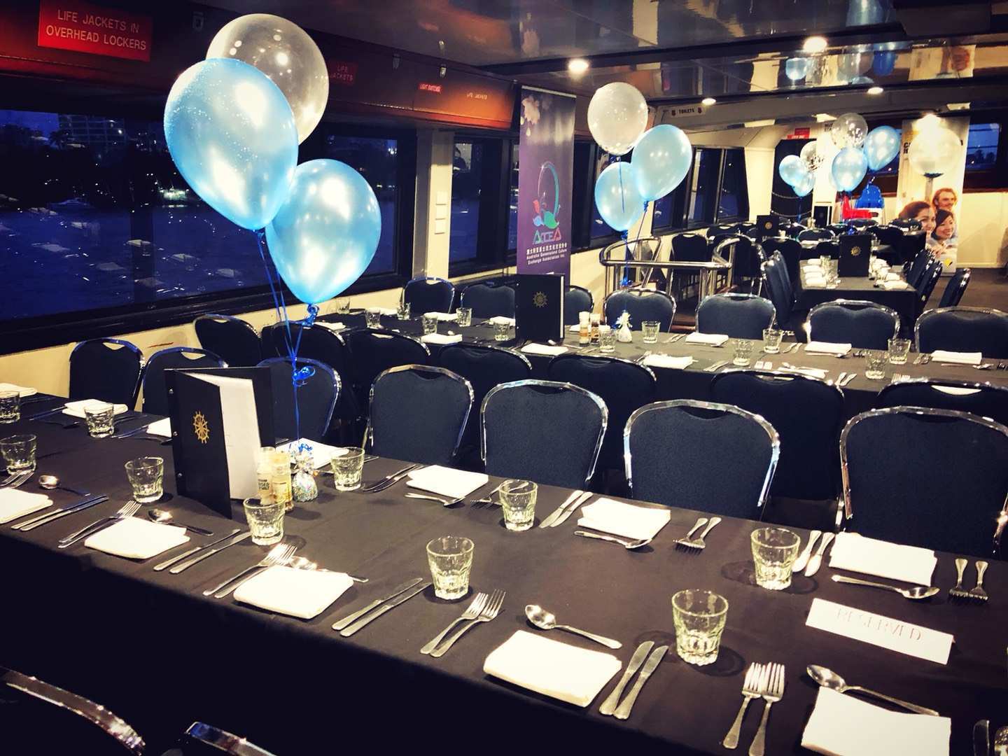 The decorated dining space aboard the celebration cruise